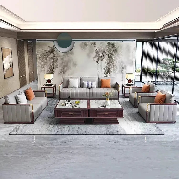 

sofa leather combination light luxury ebony wood large and small apartment villa living room high-end luxury furniture