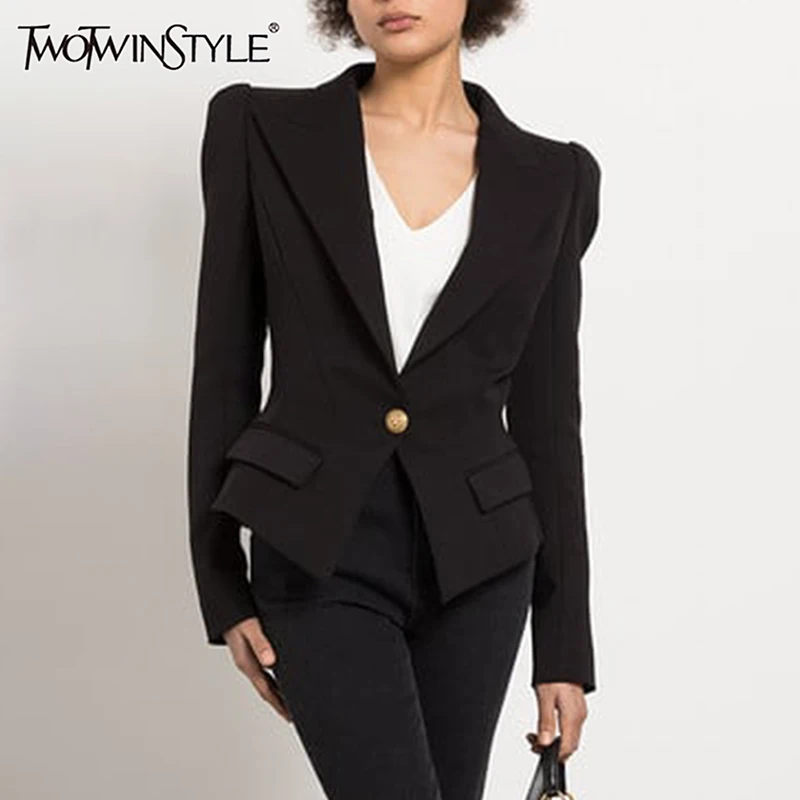 

TWOTWINSTYLE Solid Slim Elegant Blazers For Women Notched Collar Long Sleeve Patchwork Pocket Tunic Blazer Female Fashion Style