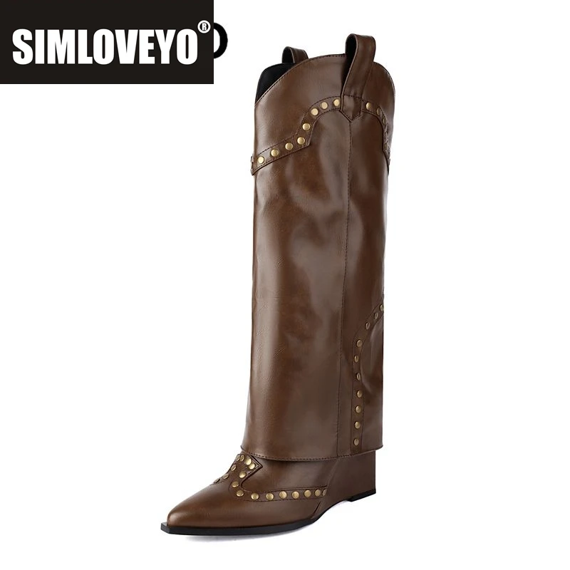 

SIMLOVEYO Western Boots for Women Pointed Toe Slip On Wedges 9cm Rivets Big Size 42 43 Fashion Female Long Booties Pants Shoes