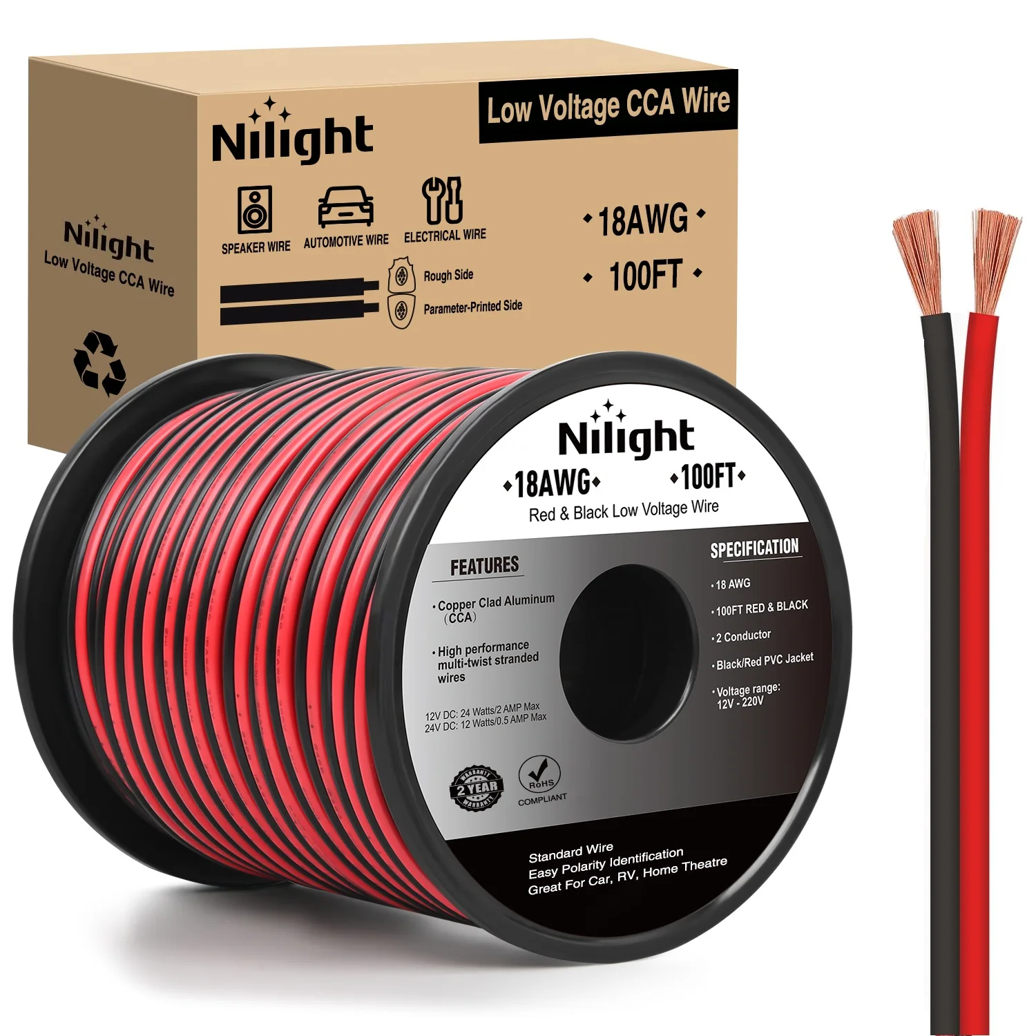 

Nilight 100FT 12/14/16/18AWG Copper Clad Aluminum Wire Gauge Red Black CCA Electrical Cable 2 Conductor Parallel 12V/24V DC Flexible Extension Cords for Car Audio Radio Speaker Amplifier, Automotive Battery Cable for Subwoofer Inverter LED Power Systems