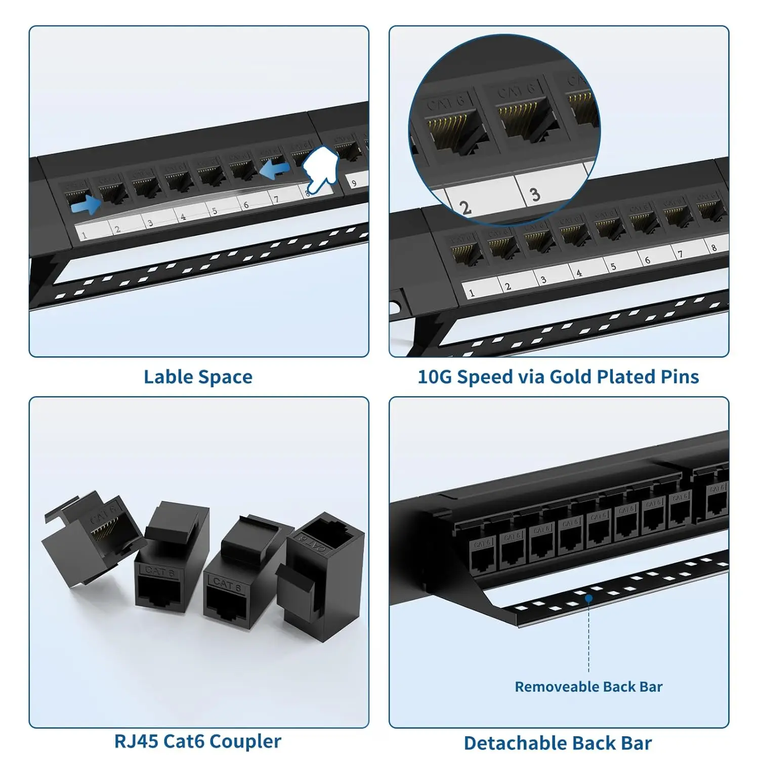 Imagem -04 - Woeow-painel de Remendo Keystone Inline com Barra Traseira Removível Acoplador Rj45 24 Portas Cat6 Cat6a Cat7 10g 19