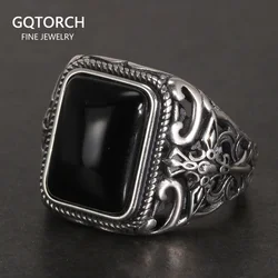 Real 925 Sterling Silver Vintage Rings For Men Natural Black Onyx Stone Square Shape Hollow Cross Flower Carved Punk Jewelry