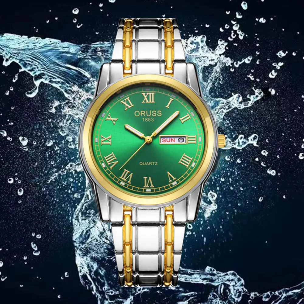 ORUSS популярные брендовые кварцевые часы для мужчин, роскошные светящиеся часы с датой недели, модные деловые водонепроницаемые часы из нержавеющей стали, новые римские мужские часы