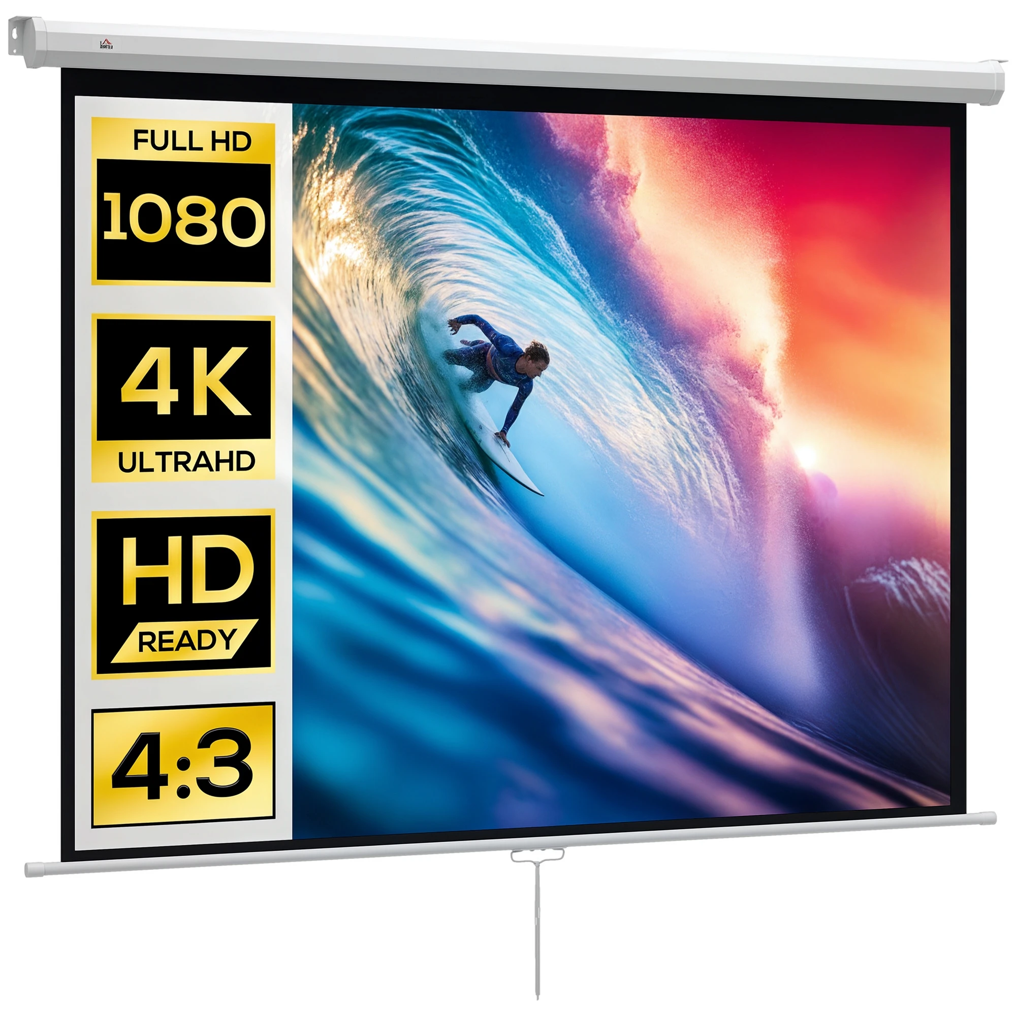 HOMCOM Écran de projection de 84 pouces, écran vidéoprojecteur, pour home cinéma, 4:3 4K HD, fixation mur ou plafond, 181 x 8 x 138 cm, blanc