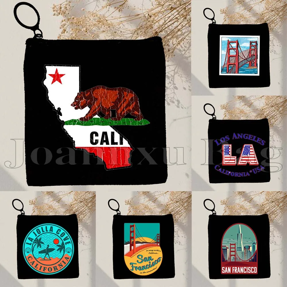 

Retro San Francisco California State USA Bear Flag Golden Gate Bridge Palm Springs Poppy Coin Purse Key Case Bag Wallet Pouch