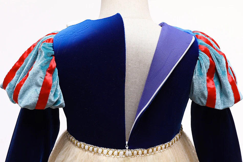 Schneewittchen-Prinzessinnenkleid für Mädchen, blaues Samt-Mieder mit beigem Tüllrock, Spitzenapplikationen für Halloween, Geburtstagsfeier, Cosplay – Detail 10