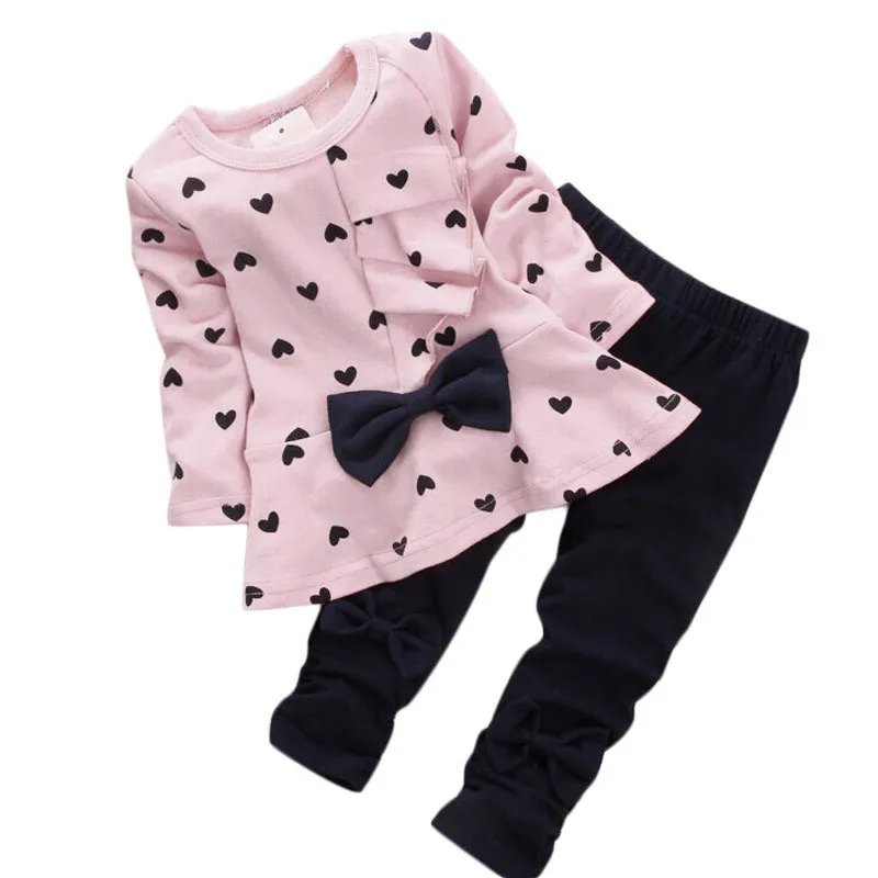 Autumn New Fashionable Kids Girls' Clothing Bow Dress Top Bottom Winter Baby Two Piece Round Neck Heart-shaped Print Casual Set