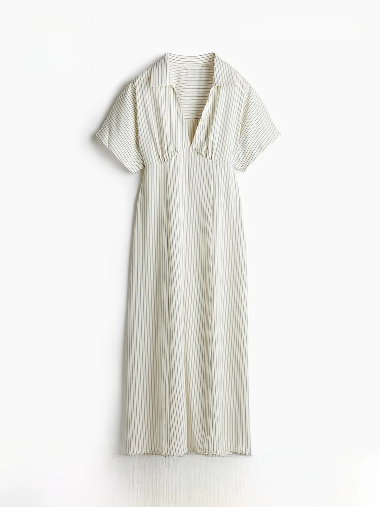 

H&M Women's Shirt Style Dress Summer Fashion Twill Cloth One-Piece V-Neck Midi Skirt Polyester Fiber Short Sleeve Natural Waist
