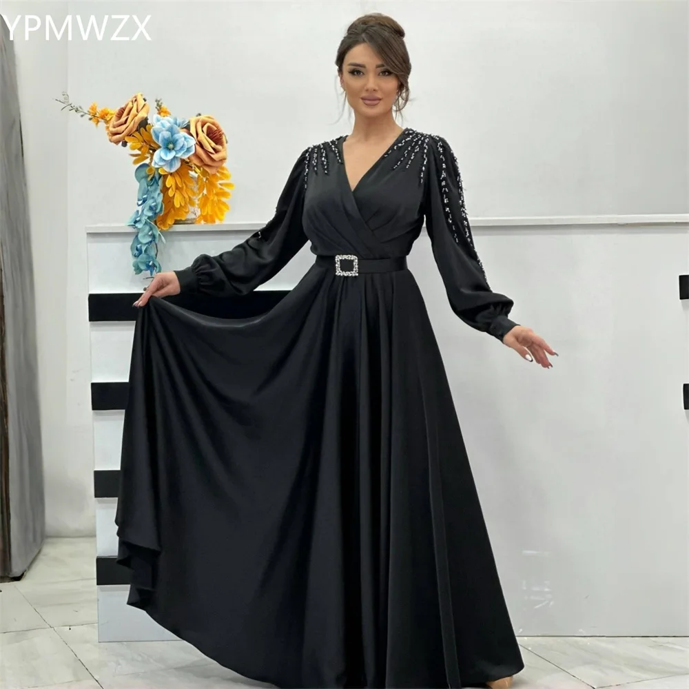 

Customized Prom Gown Evening Formal Dress YPMWZX V-neck A-line Floor Length Skirts Draped Bead Bespoke Occasion Dresses Party O