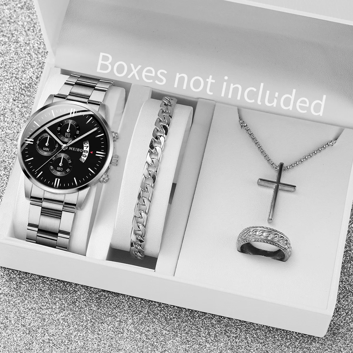 Men's Business Watch Fake Three Eye Calendar Roman Scale Quartz Watch Cross Necklace Bracelet Ring Set