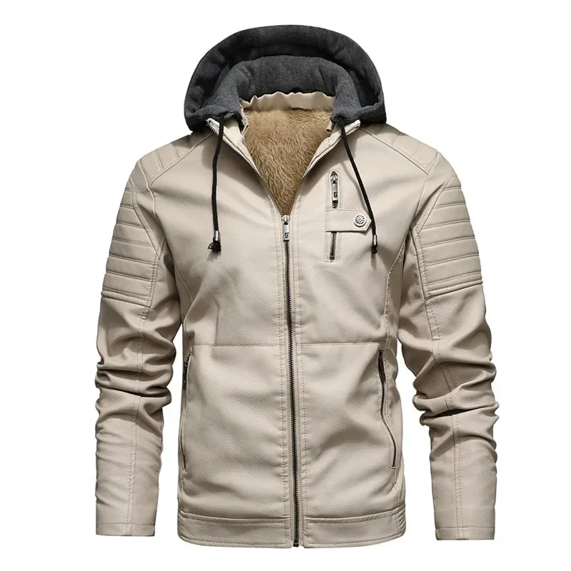 

Men Hood Luxury Designer Hooded Coat Autumn Winter Oversized Leather Jackets Cool Black Thickened Warm Pu Leather Bomber Jacket