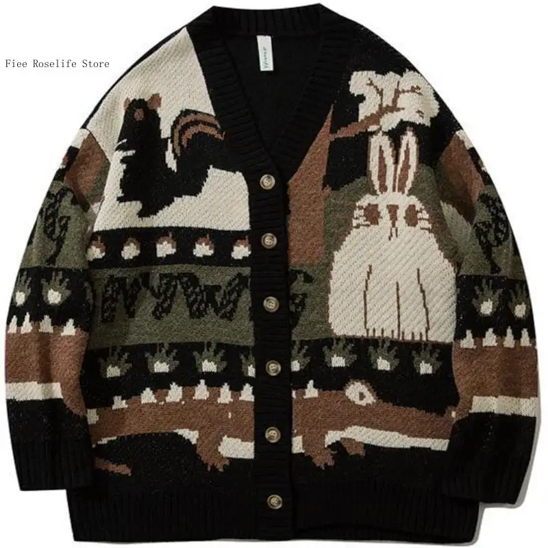 Japanese Harajuku Cartoon Knitted Pullover Men Oversized Loose Vintage Hip Hop Streetwear Sweater Daily Casual