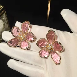 Luxury Pink Crystal Flower Stud Earrings for Women Sweet Romantic Metal Ear Jewelry Vintage Statement Earing Dropshipping