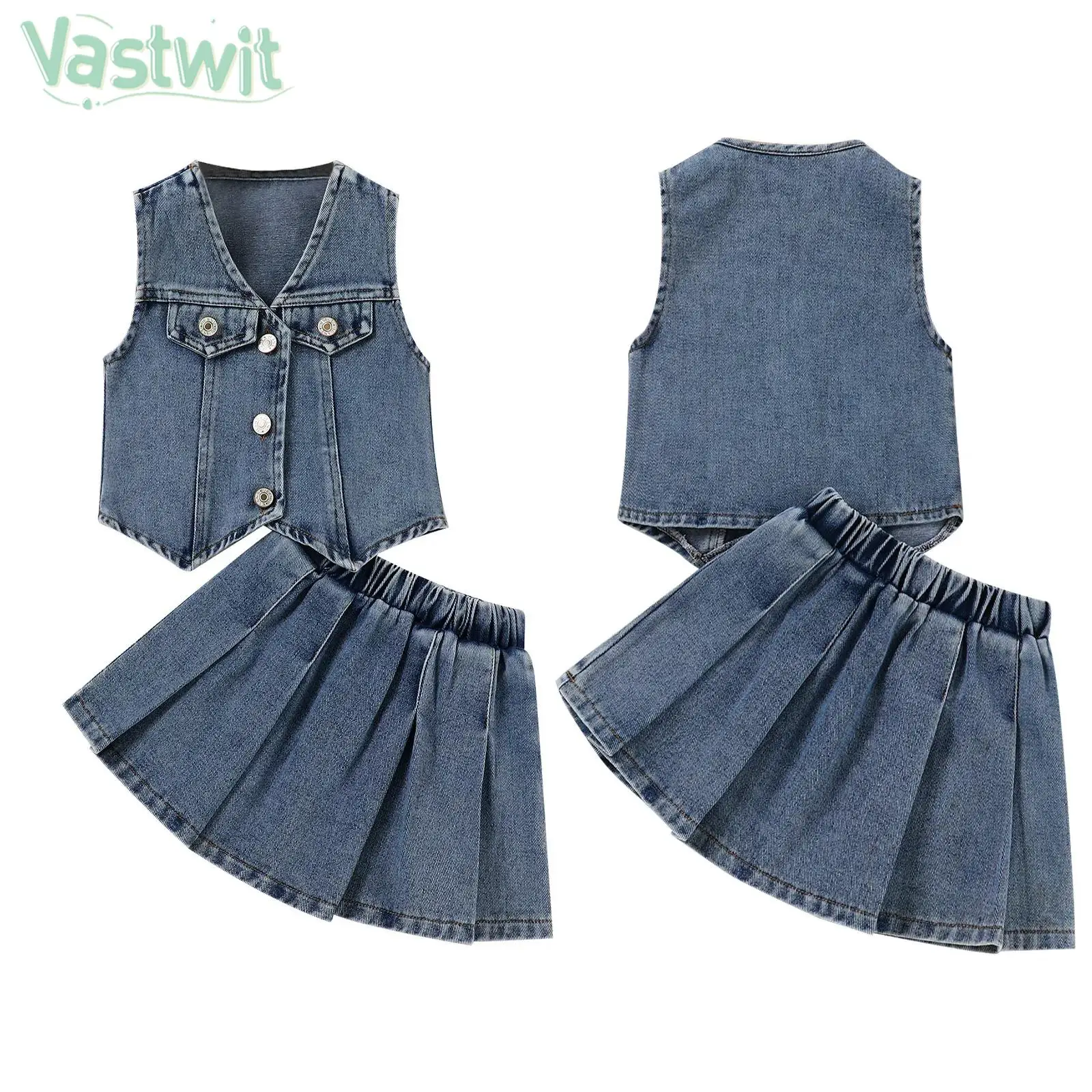 

Baby Girls Two-piece Y2K Cute Denim Outfit Summer Fashion Button Down Crop Vest with Pleated Skirt for Party Holiday Photoshoot
