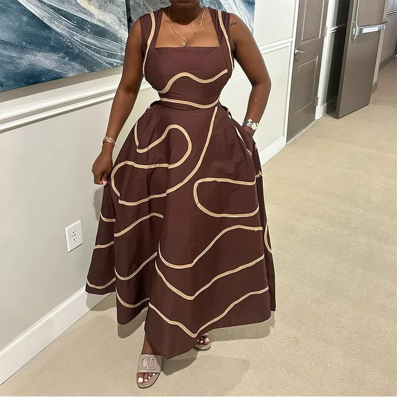 2025 mode femmes sans manches rayé imprimé grande balançoire Maxi longue débardeur plage vacances soirée robes robes Sexy robes