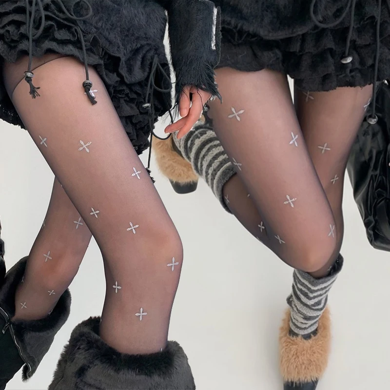 

Sexy Women Pantyhose Tights Seamless Black Lace Mesh Fishnet Pantyhose Summer Nylon Cross Print Tights Stocking Female Hosiery