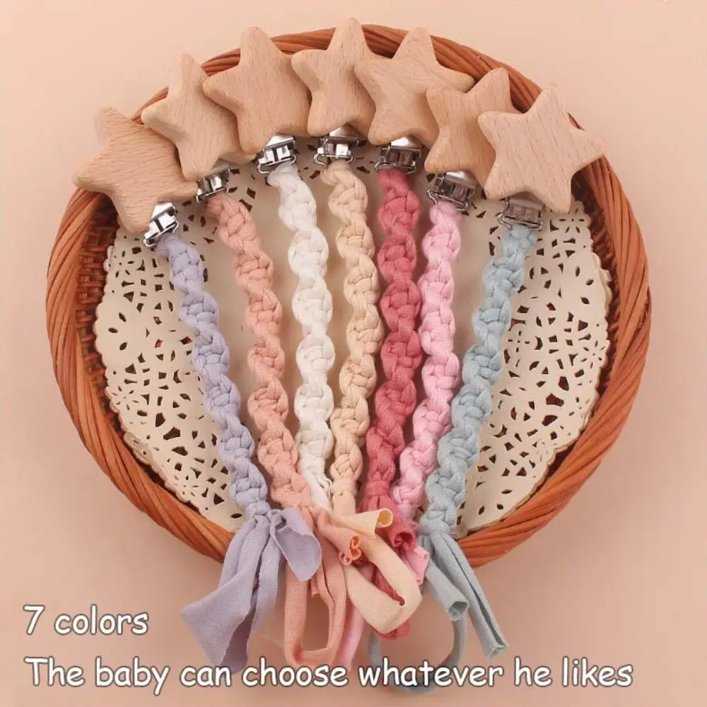 

Handmade Baby Pacifier Clips Elastic cloth tape Braided Cotton Teething Toy Wooden Lightweight Pacifier Holder Chain Newborn