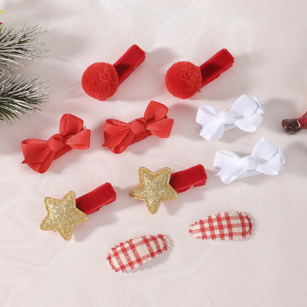 10Pcs Christmas Kids Hair Clips Red White Pom‑pom Bow Glitter Star Plaid Hair Barrettes Girls Xmas Gift Party Hair Accessories