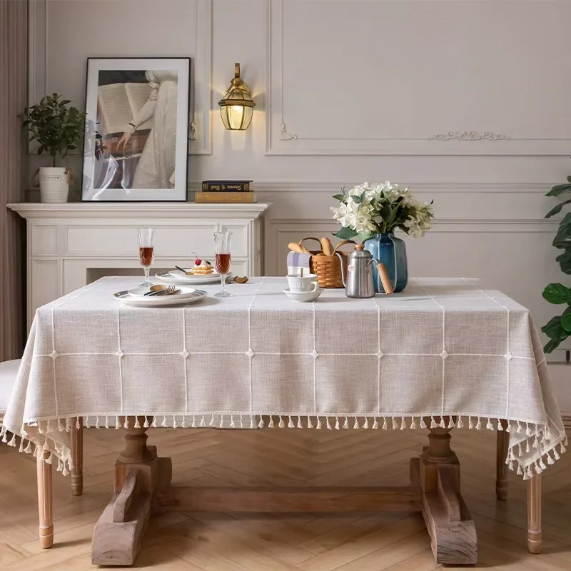 Grid Cotton Linen Blend Tablecloth Japandi Dining Cover Soft Breath Decor Mat Family Kitchen Daily Home Meal Ornament Cloth