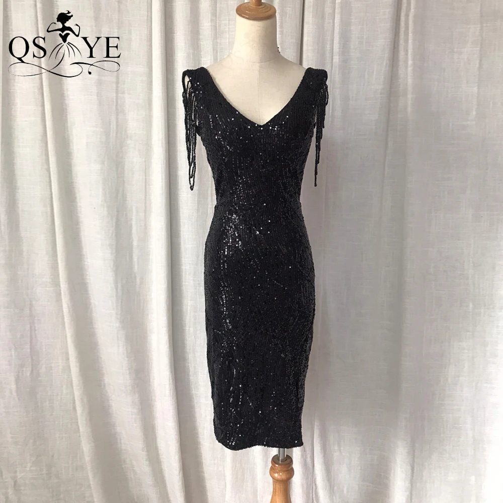 

Sequin Black Short Evening Dresses Sheath V Neck Prom Gown Beading Straps Cap Sleeves Party Dress Shiny Women Cocktail Gown Chic