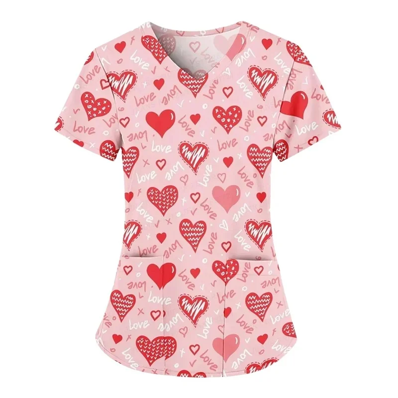 Trendy heart-patterned women's medical workwear with PocketVShort-sleeved summer nurse's clinical work top with letter print