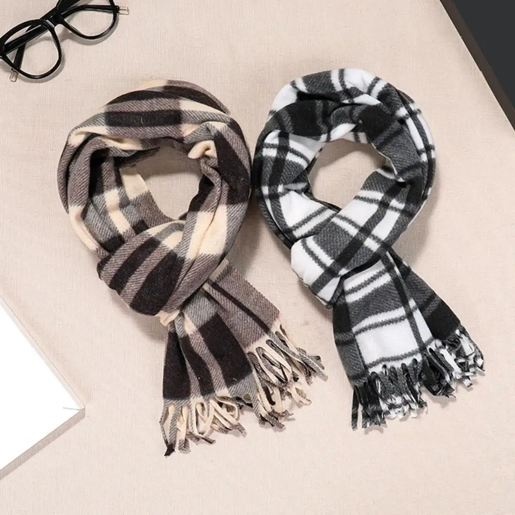 Double-Sided Velvet Scarf with Tassel Decoration Plaid Print Autumn Winter Warm Cashmere-like Scarf Fashion Accessory Warm 2025