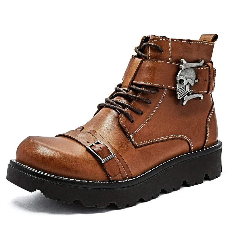

Fashion Men's Genuine Leather Motorcycle Boots Punk Skull Mid-calf Boots Thick Bottom Western Cowboy Boots Rock Zipper