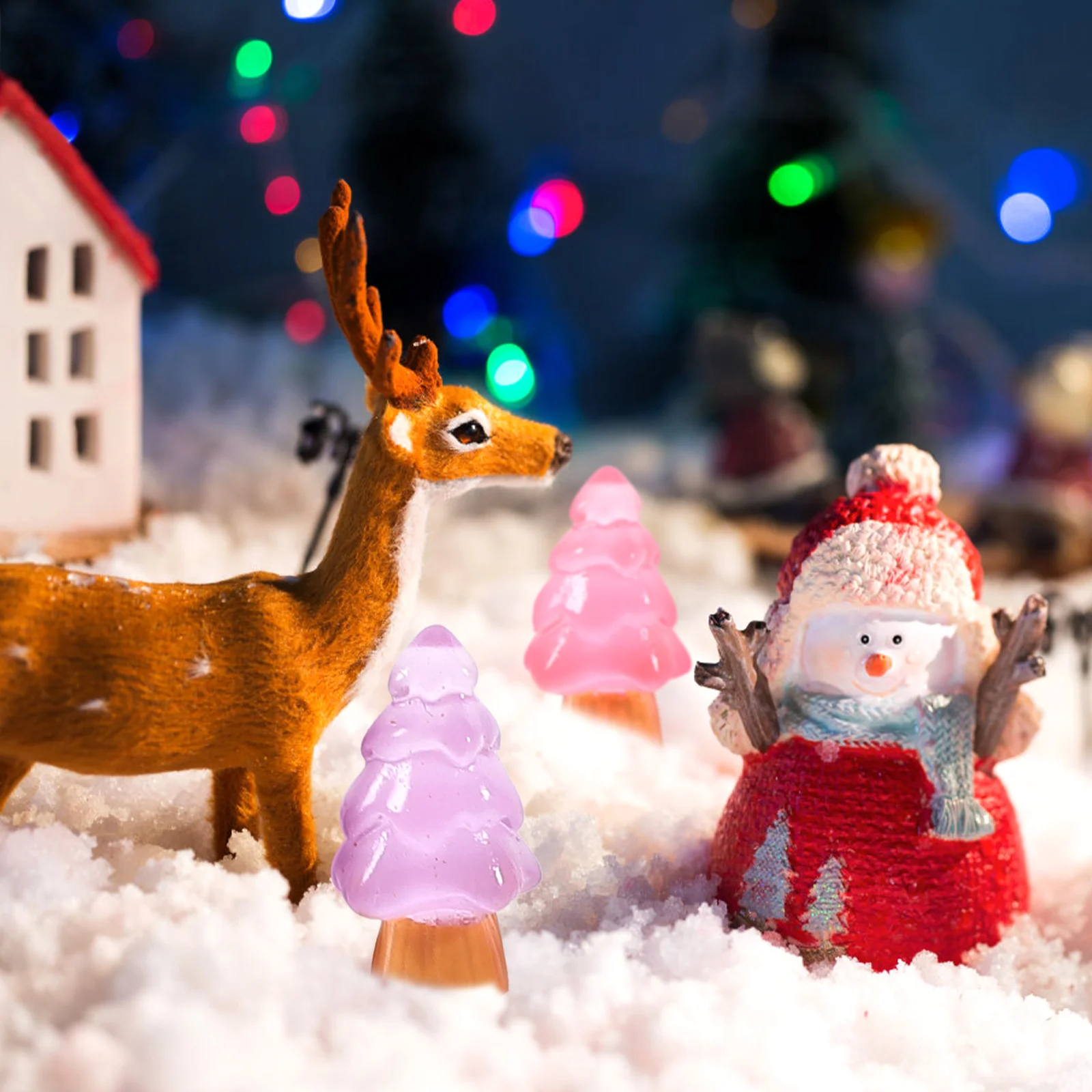 

8pcs Luminous Christmas Tree Resin Mini Desktop Decor Holiday Home Party Ornament Gift Xmas Artificial Miniature Trees Snow