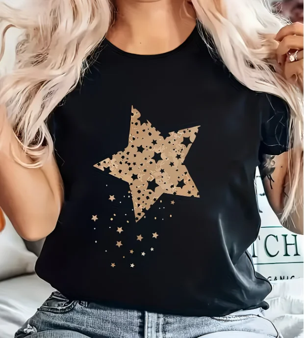 Women Gold Star Print T Shirt Minimalist Starry Print Short Sleeve O Neck Casual Tops Black Summer Streetwear Daily Wear