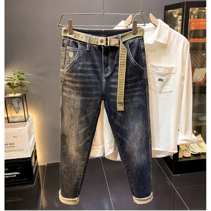 

2025 high-end slanted pocket jeans men's 2025 autumn new style small foot trendy belt long pants