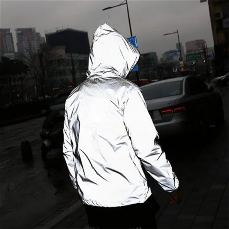Thin Shiny Silver Reflective Jacket. Unisex Cycling Full-Reflective Hooded Jacket Coat, Windproof for Night Running. S-5XL