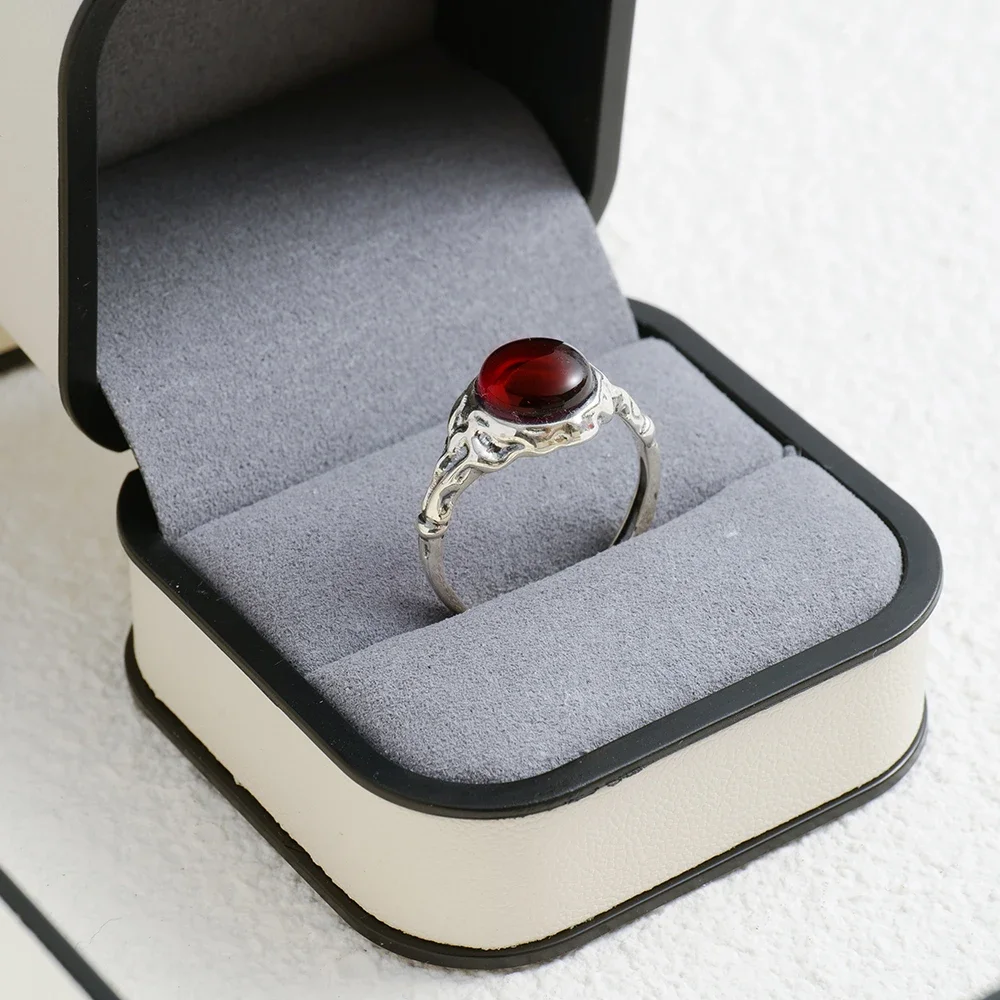 Vintage S925 Silver Ring 8mm Round Natural Cherry Amber Energy Passion Gemstone Adjustable Open Bands Handmade Boho Jewelry