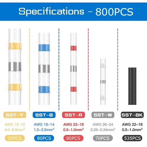 Imagen 2 del producto 800/400/50 Uds. Kit de terminales de empalme de Cable de sellado de soldadura impermeable a tope termorretráctil terminales de engarzado eléctricos con pistola de aire caliente