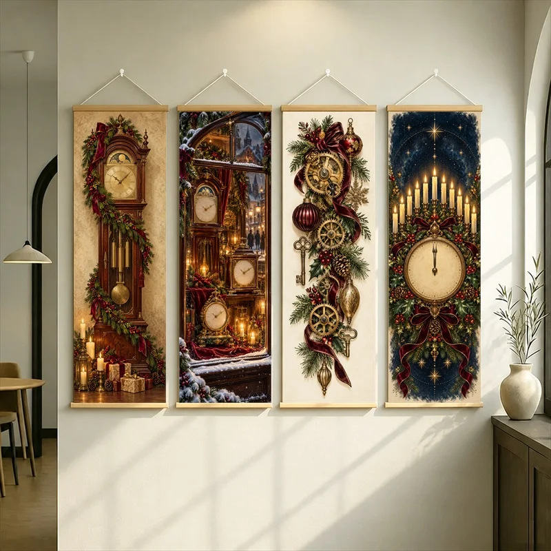 Ornate Clocks and Botanical Details Hanging Scroll with Golden Accents in a Rich Vintage Illustration for a Reading Nook