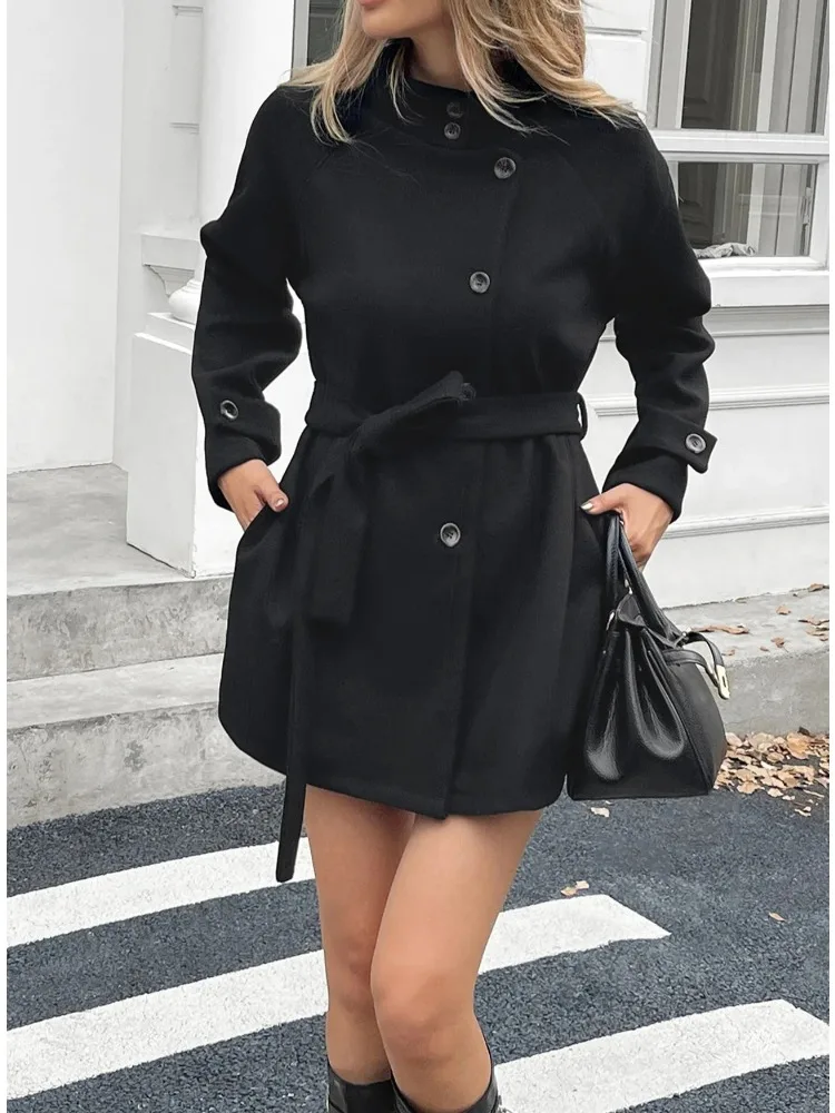 Women Stand Collar Long Sleeve Blends Jacket Lace Up Pockets Singe Breasted Jacket Elegant Solid wool coat trench coats