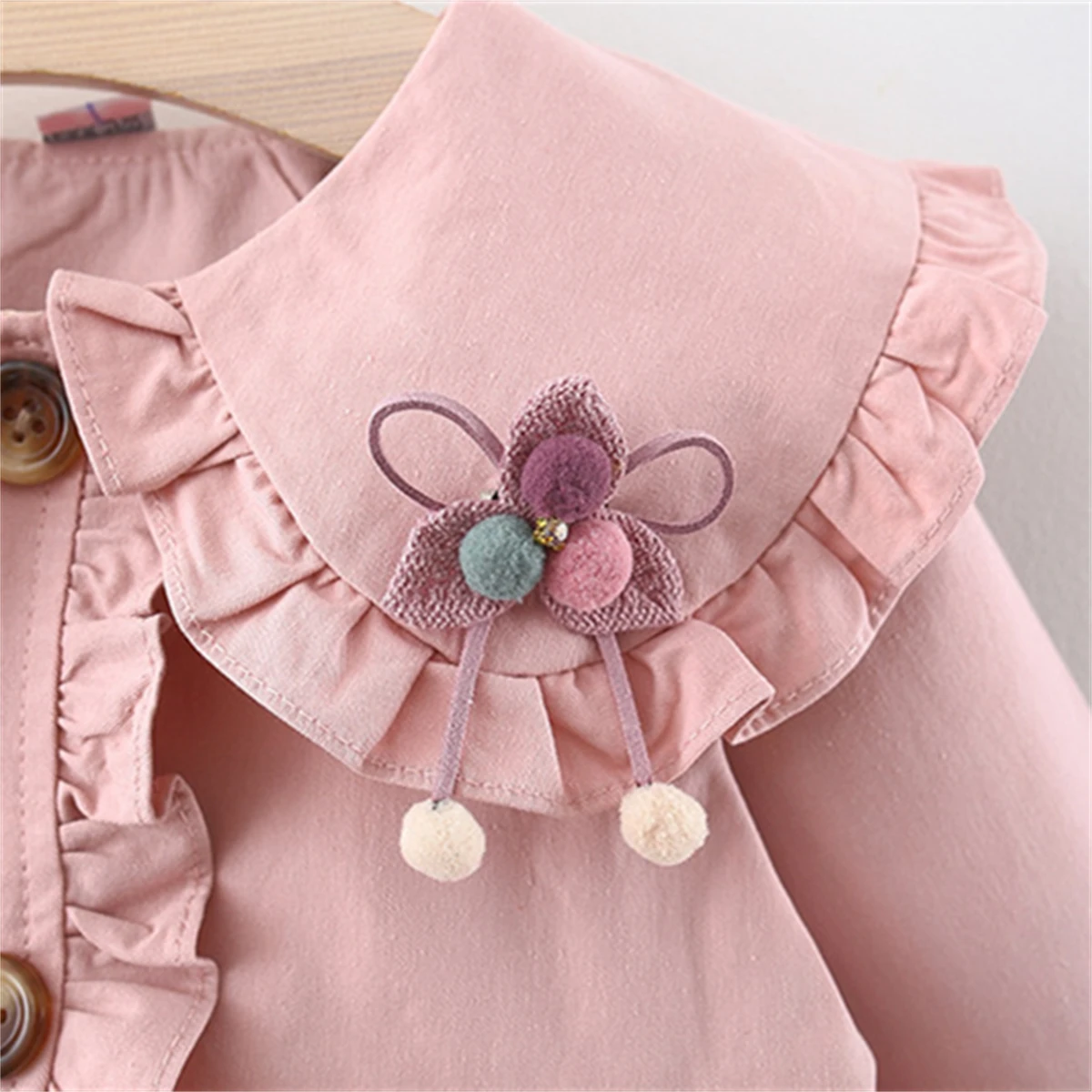 Girls\' Coat Spring and Autumn Children\'s 3D Flower Doll Neck Lace up Single breasted Solid Color Girls\' Windproof Coat