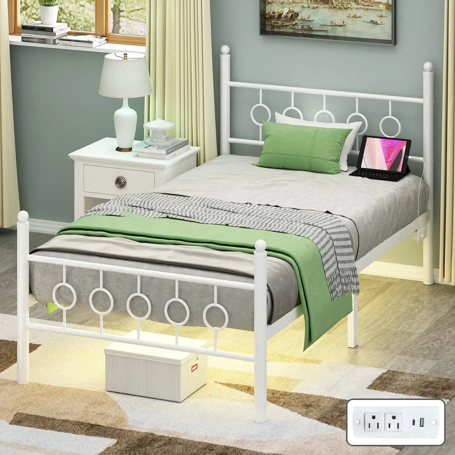 

Twin Bed Frame with LED Lights and Charging Station, Metal Platform with Headboard and Under-Bed Storage, No Box Spring Needed