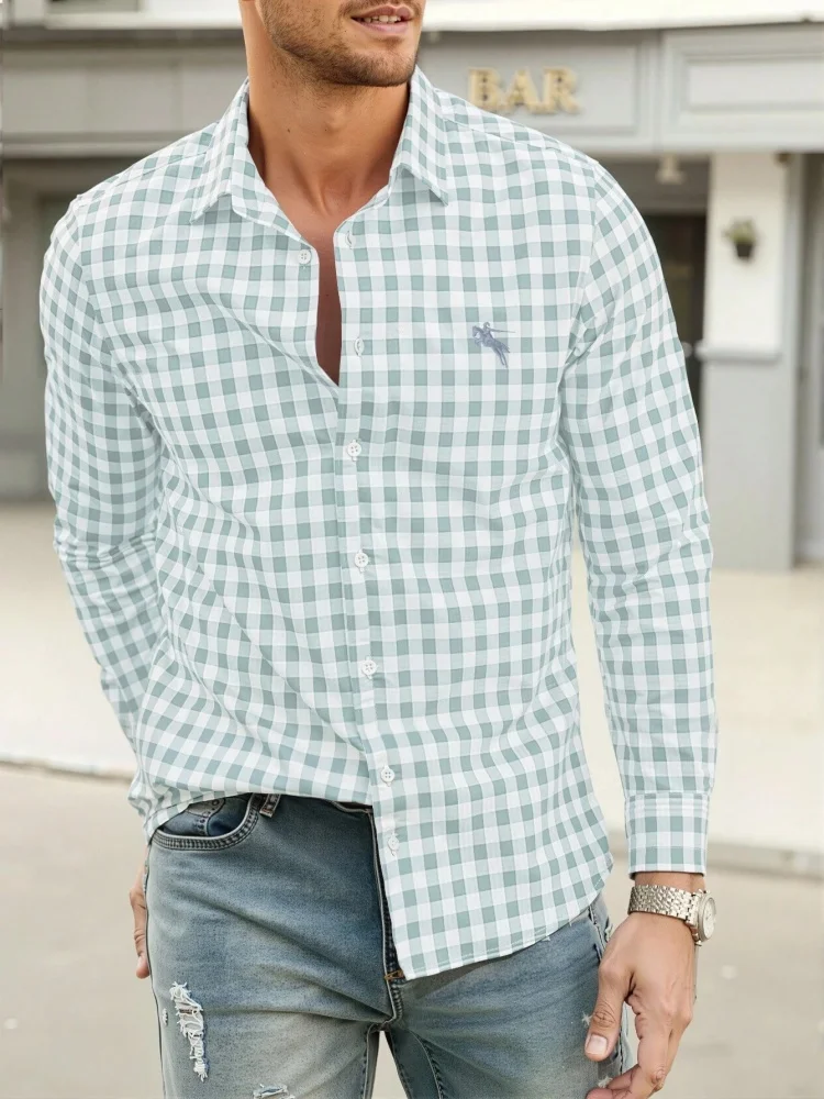 Men's small checkered long sleeved shirt with embroidered little horse collar on the chest, casual versatile top for daily wear