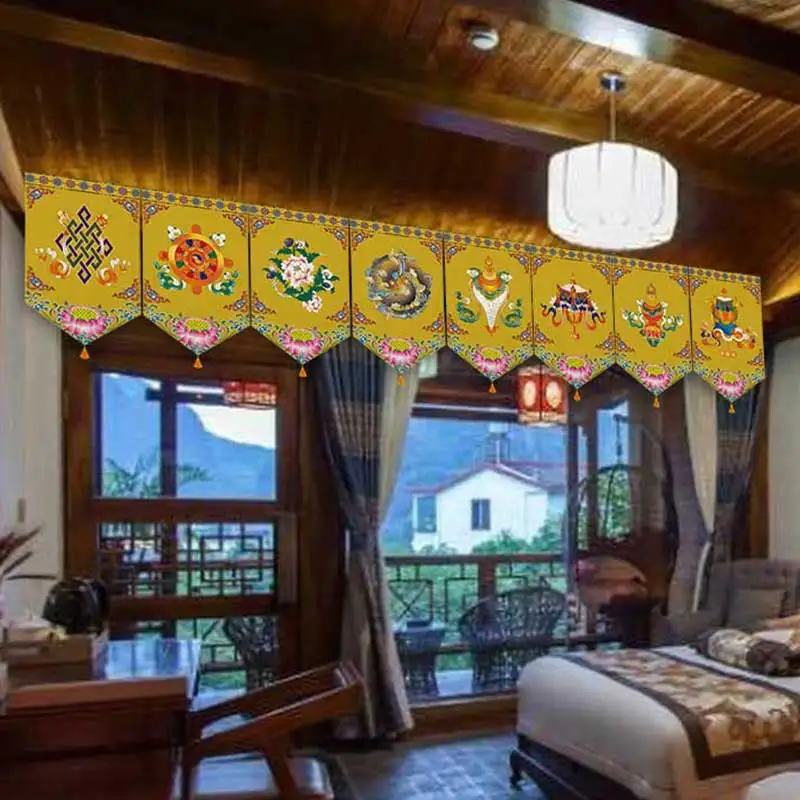 China Tibetan Golden Eight Auspicious Cross Beam Decor Triangle Short Curtain Hotel Homestay Magic Tape Decors Fabric Valance