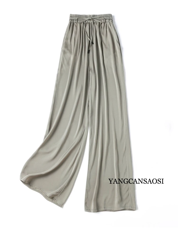 Vertical Naked Feeling 93% Natural Mulberry Silk Elastic Double Qiao Satin Elastic Waist Women's Fashionable Wide Leg Pants