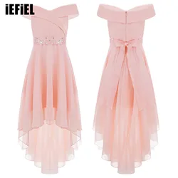 Kids Girls Elegant Solid Color Chiffon Dress with Shiny Rhinestone Sash Sweetheart Off Shoulder High-Low Hem Party Dress