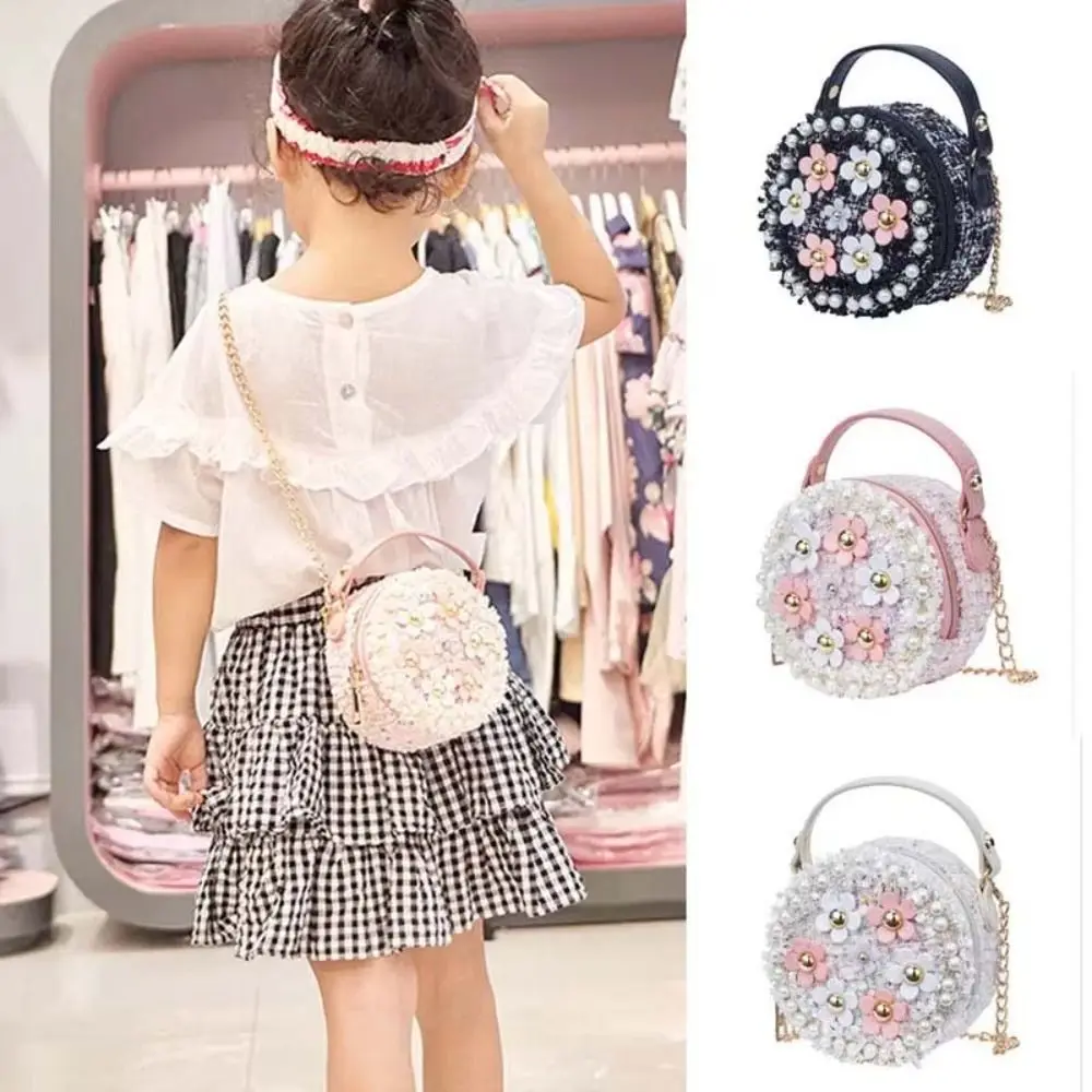 

Creative Flower Children Crossbody Bag Metal Chain Mini Shoulder Bag Round Pearl Fresh Princess Handbag Girls