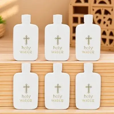 

6Pcs Plastic Holy Water Bottles White Lightweight Jesus Cross Pattern Safety Cap Refillable for Church Baptism Exorcism