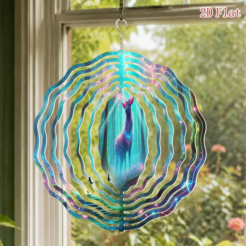2D  Flat meta Giant  Ethereal Deer Pattern Metal 3D Rotating Windmill ,Wind Chime with Rotating Hook, Outdoor Garden  Decoration