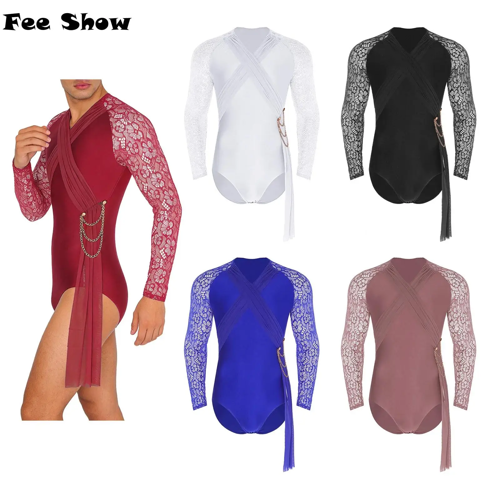 

Mens Latin Dance Bodysuit Sheer Floral Lace Long Sleeve Ruched Mesh Layer with Drape and Chain Openable Crotch Leotard Jumpsuit