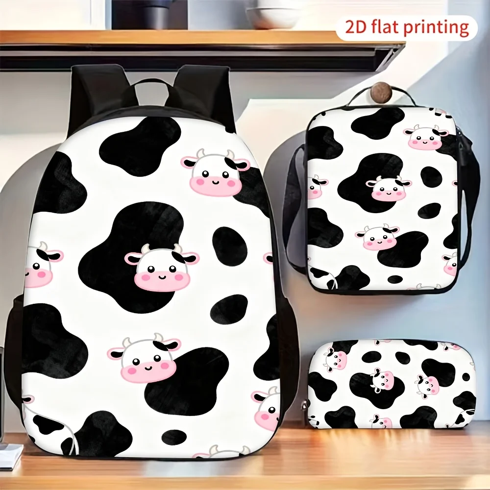 3pcs Cow Print Backpack with Storage Bag & Pencil Case Suitable for,, Daycare - Lightweight Zipper Closure, Adjustable