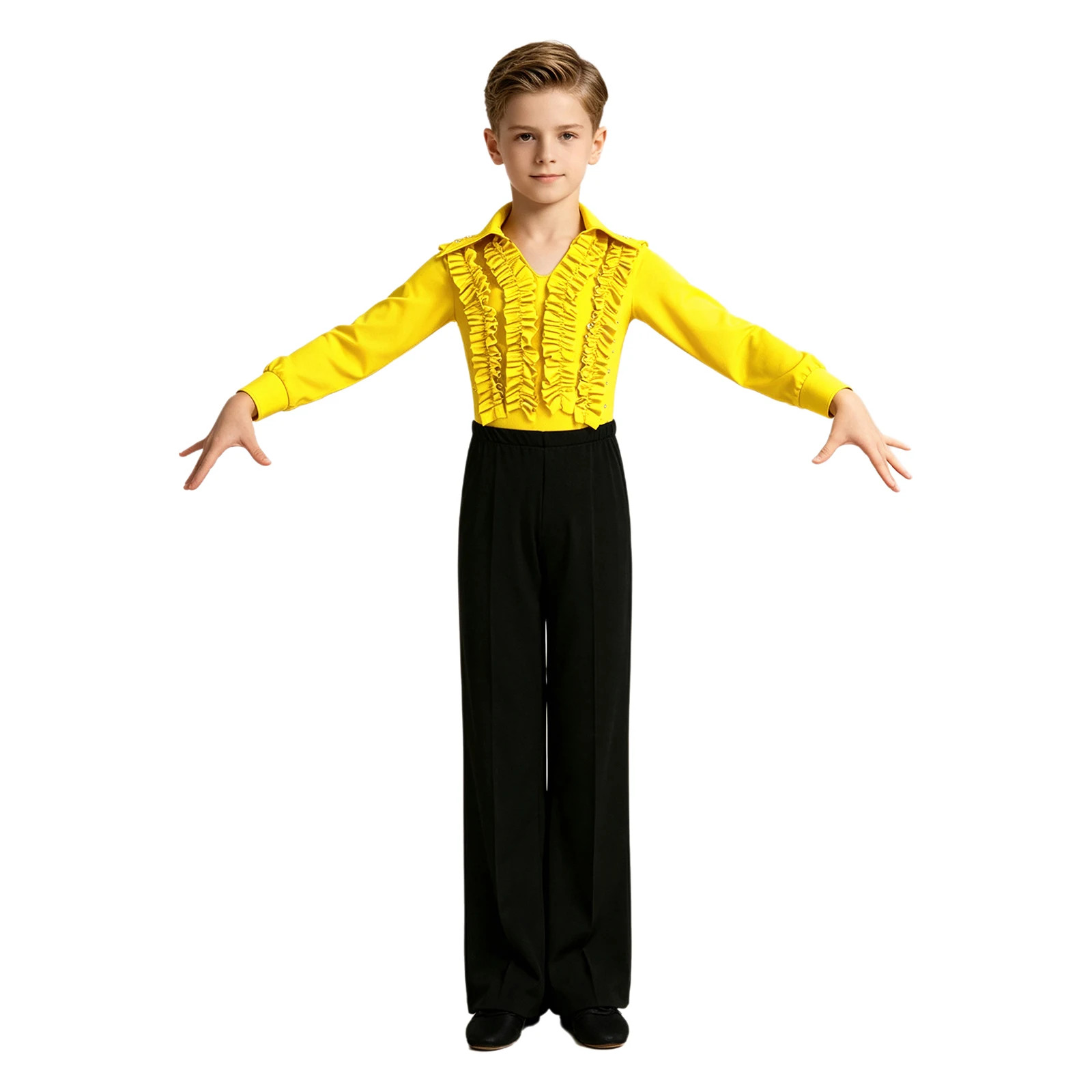 Boys Latin Dance Rumba Samba Tango Cha Cha Outfits Long Sleeve Ruffles Rhinestone Leotard with Pants for Ballroom Performance