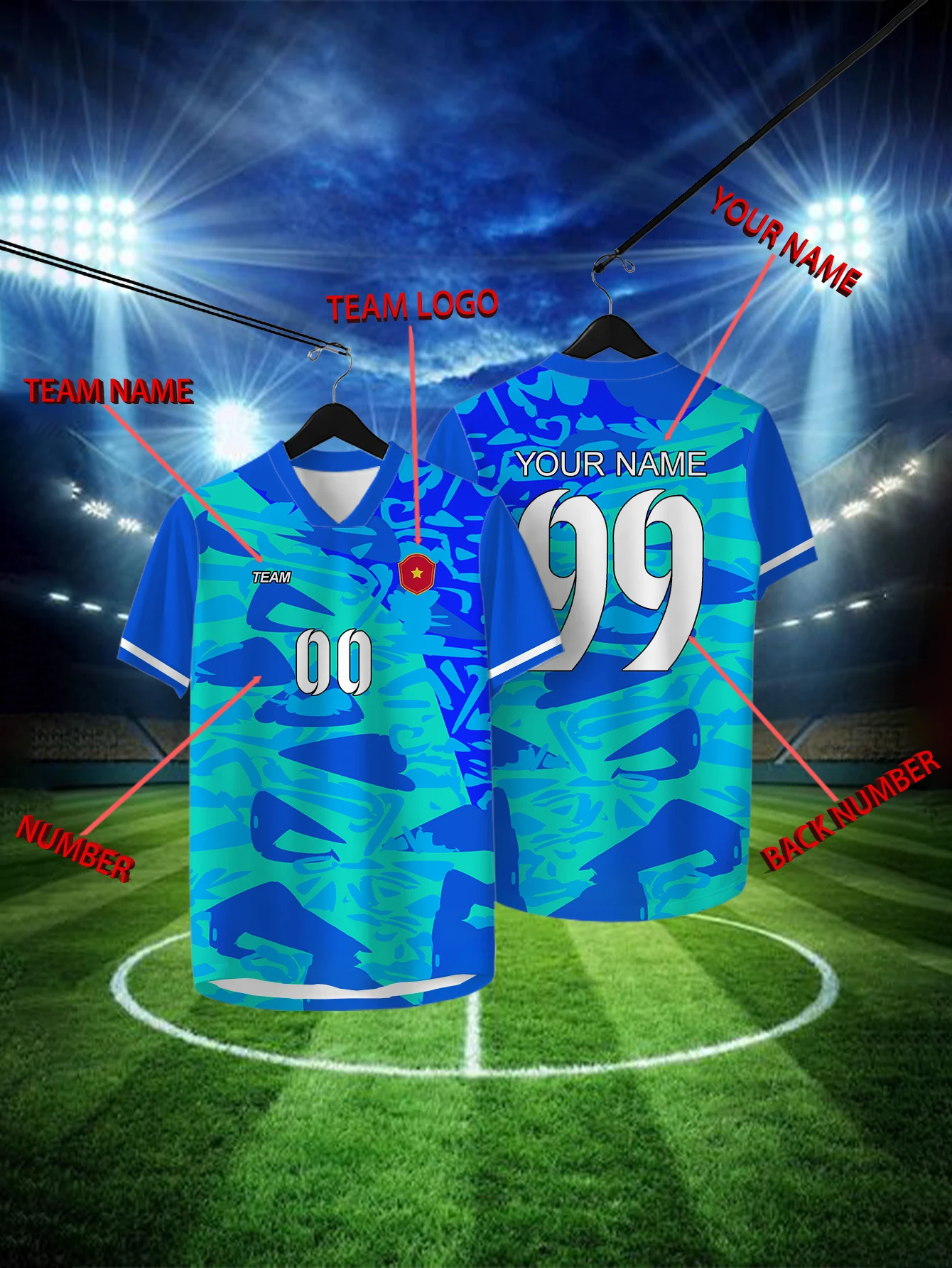 

Customized Geometric Blue Short Sleeved Shirt with Team Name, Emblem, Name and Number, Outdoor Sports Short Sleeved T-shirt