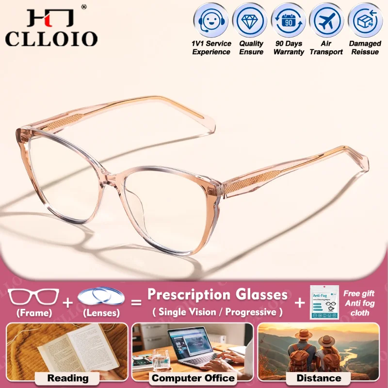 

CLLOIO Fashionable Women Myopia Photochromic Reading Glasses Anti Blue Ray Progressive Optical Eyeglasses With Prescription Lens
