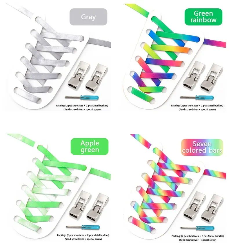 1 Paar flache Schnürsenkel mit Regenbogen-Farbverlauf und Metallschnalle, elastische Schnürsenkel ohne Binden für Sneaker, Schuhzubehör – Detail 9